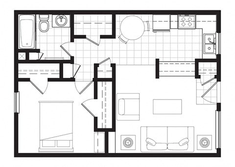 Floor plan for 1 bed, 1 bath, 570 sqft